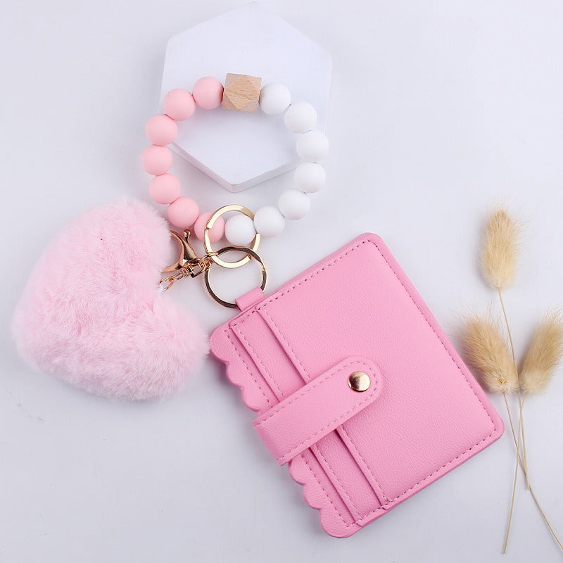 Wholesale Heart Shape Fur Ball Card Holder Silicone Beaded Wrist Keychain